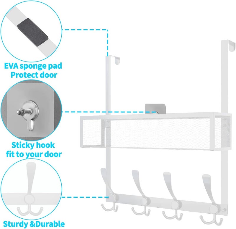 Kaiferty Over The Door Hooks Organizer,Over Door Hanger Towel Rack Mesh Basket with 12 Hooks,Back of Door Storage Organizer for Bedroom,Bathroom,Kitchen,Office(White) - Image 5